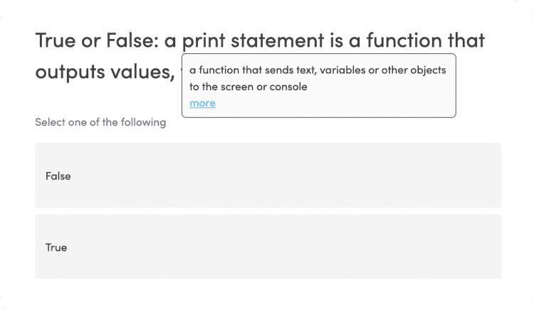 Additional information about the print function is displayed in a popover when the user hovers over the word print in the question.