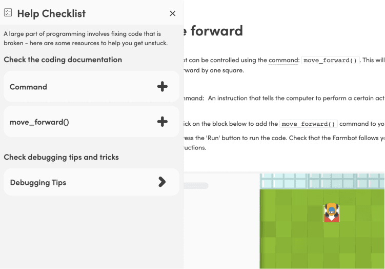 The Turinglab help sidebar being used as a reference. There are links for relevant concepts as well as a degbugging tips section.