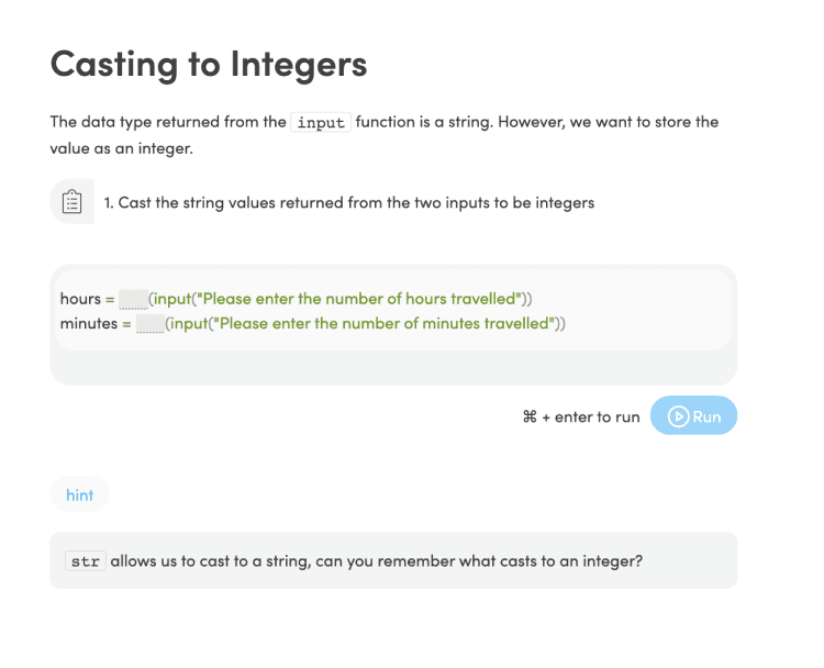 A problem about casting to integers where the student must enter some code. Below there is a hint button that has been pressed to reveal a useful hint.