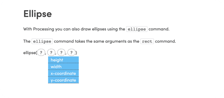 A Slide with a missing word widget where the missing words are the arguments to a function to draw an ellipse