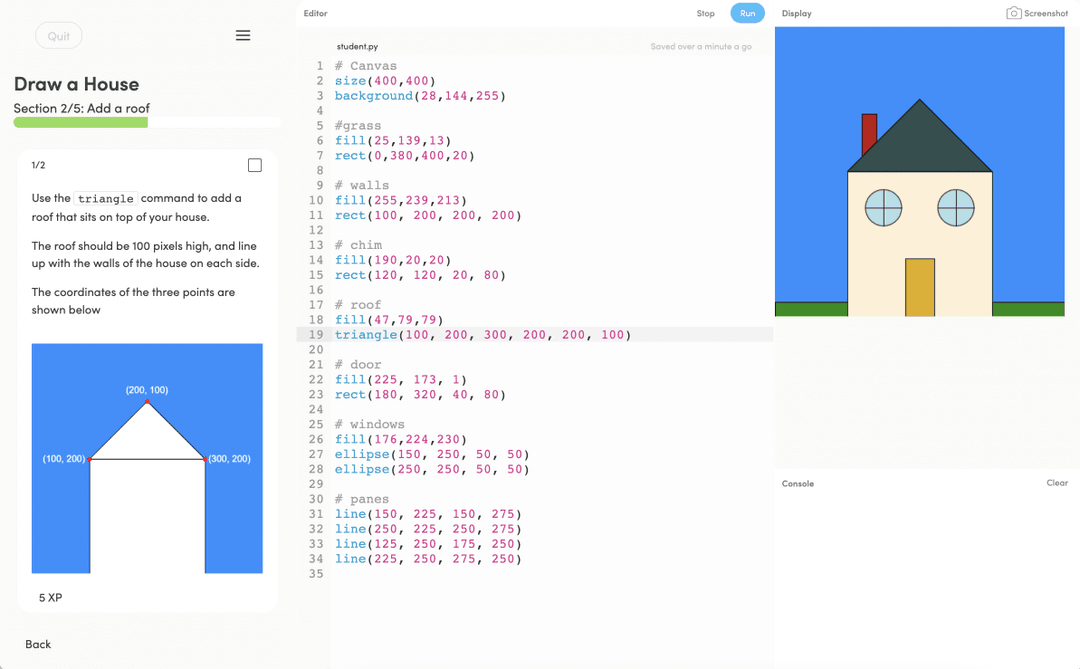 A step by step tutorial showing a user creating a drawing of a house with code